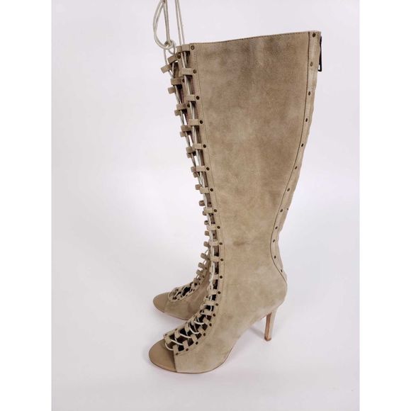 Joie Shoes - Joie Aubrey Suede Lace Up Peep Toe Knee Boots
